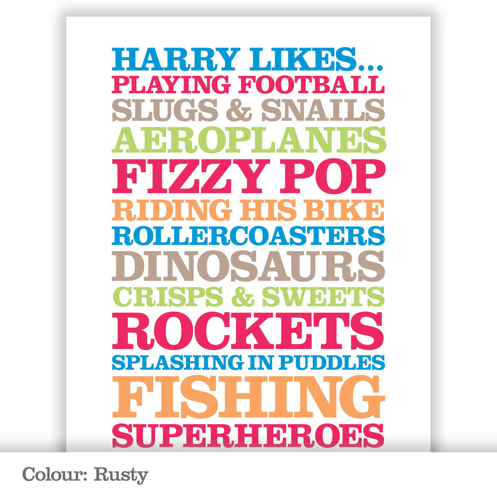 Children’s Personalised ‘Likes’ Poster Print_Rusty