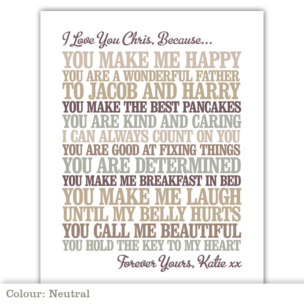 ‘I Love You Because’ Personalised Print