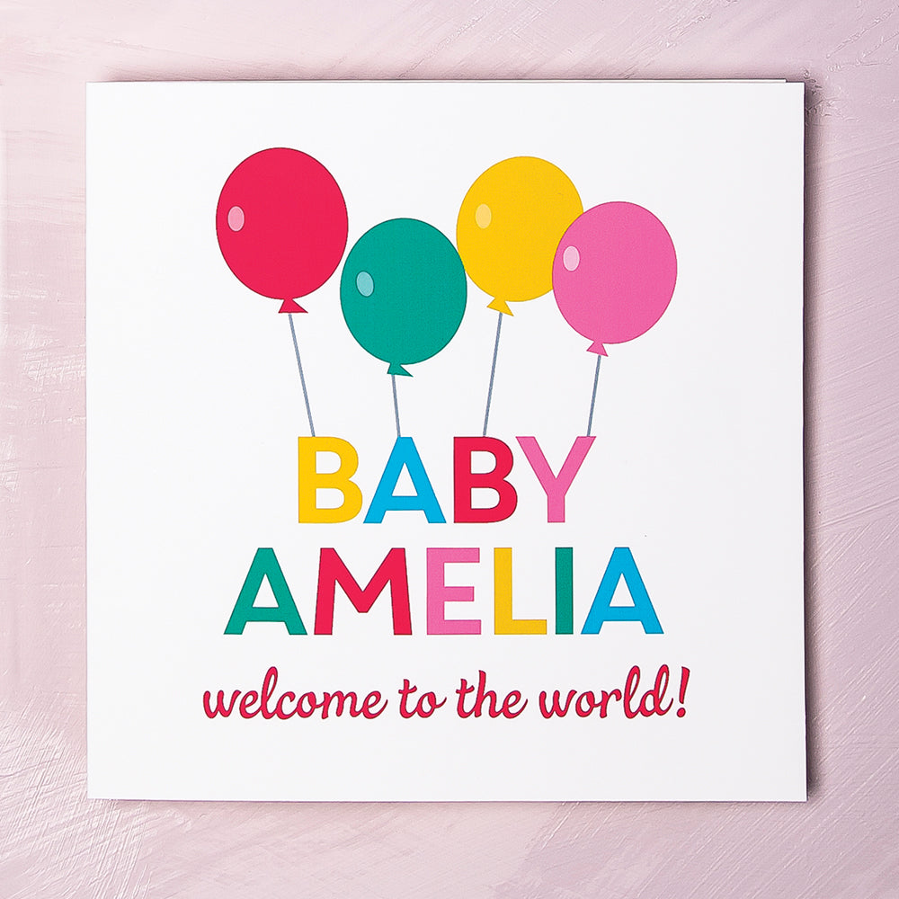 Personalised New Baby Girl Balloons Card 
