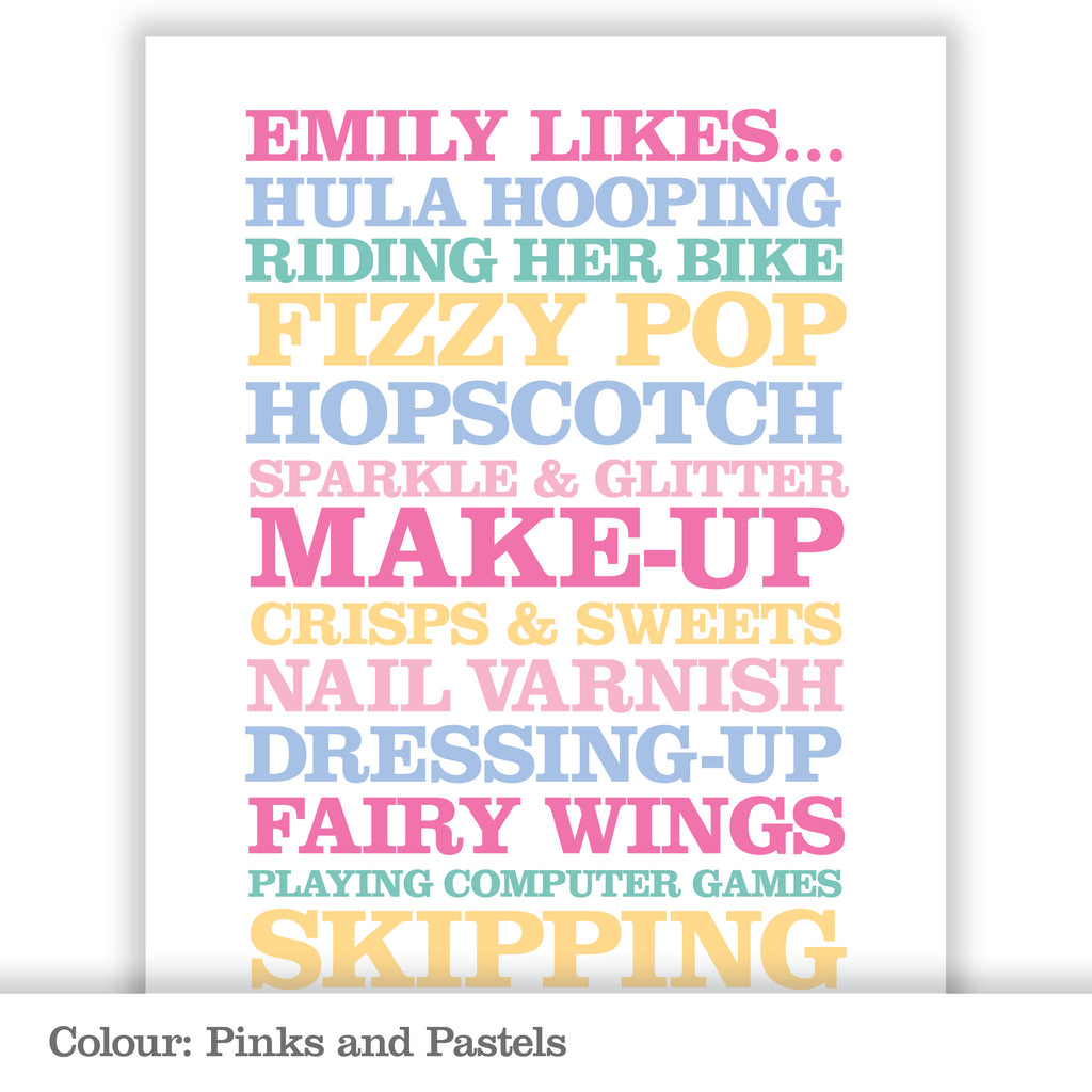 Children’s Personalised ‘Likes’ Poster Print_Pinks and Pastels